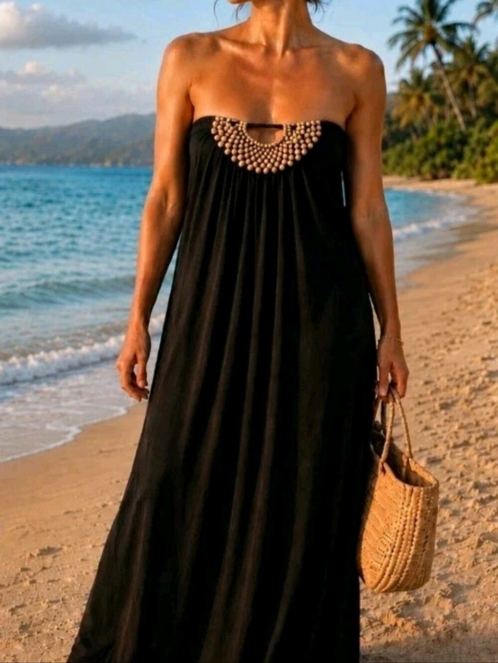 Strapless Beaded Summer Maxi Dress Mind Code EUC Vintage 80's M/L